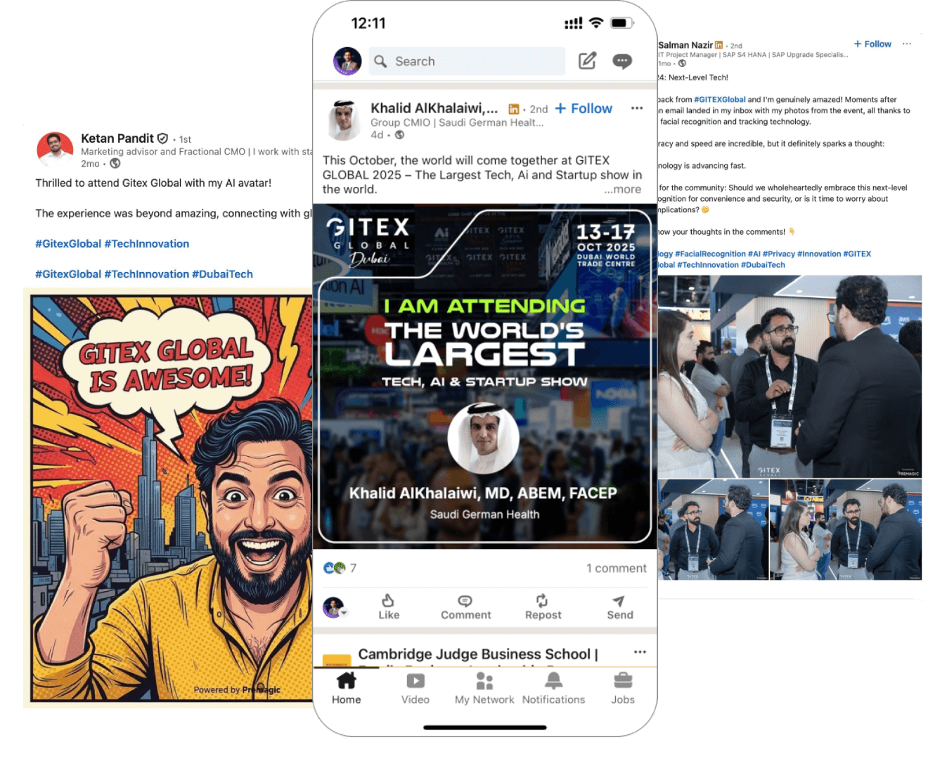 LinkedIn feeds powered by Premagic — avatars, posters, and event photos driving organic engagement